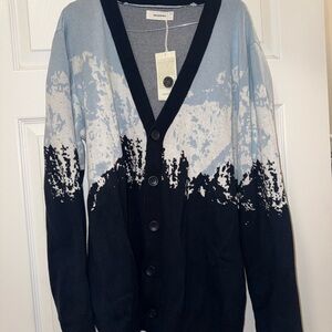 Reserved Men's Black and Blue Patterned Cardigan